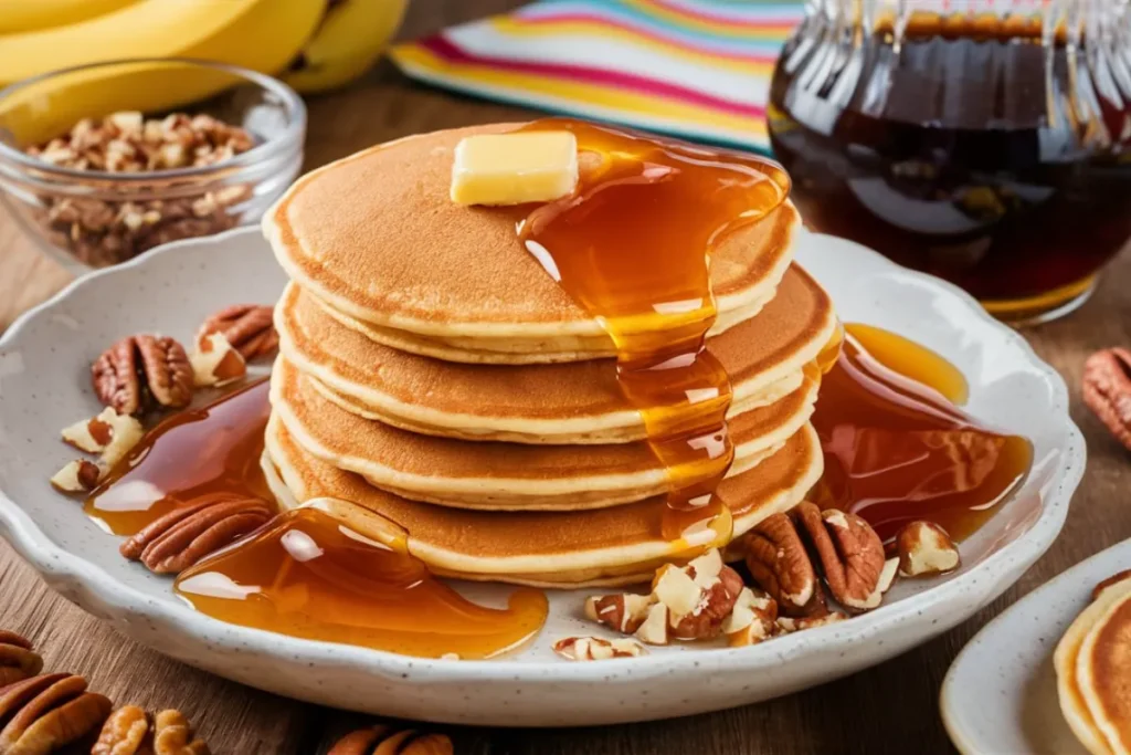 Stack of banana pecan pancakes topped with pecans and banana slices