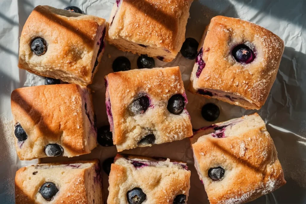 Freshly baked blueberry butter swim biscuits in a baking dish
