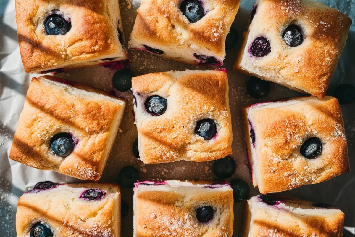 Freshly baked blueberry butter swim biscuits in a baking dish