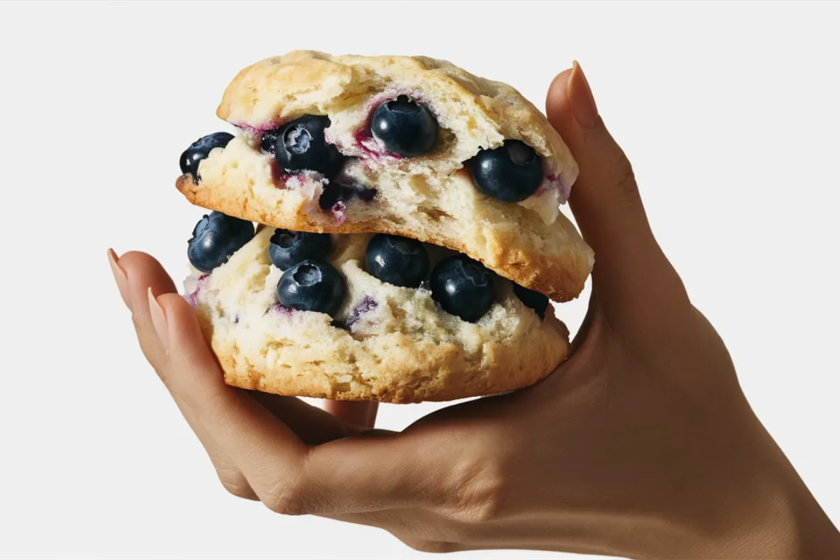 Freshly baked blueberry butter swim biscuits in a baking dish