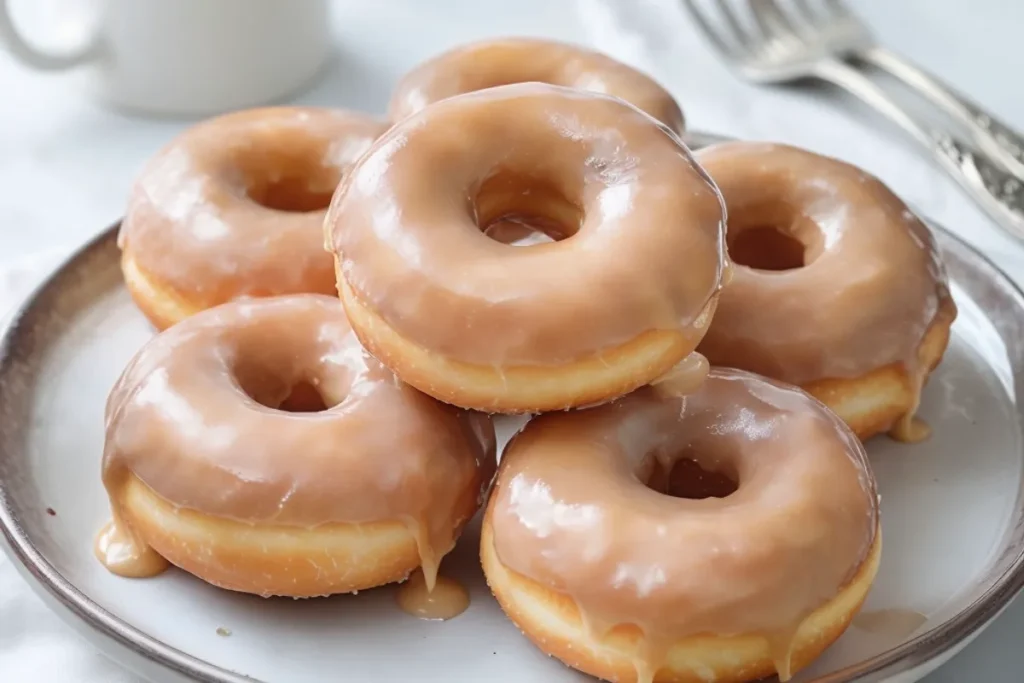 Freshly made Amish glazed donuts with a shiny glaze