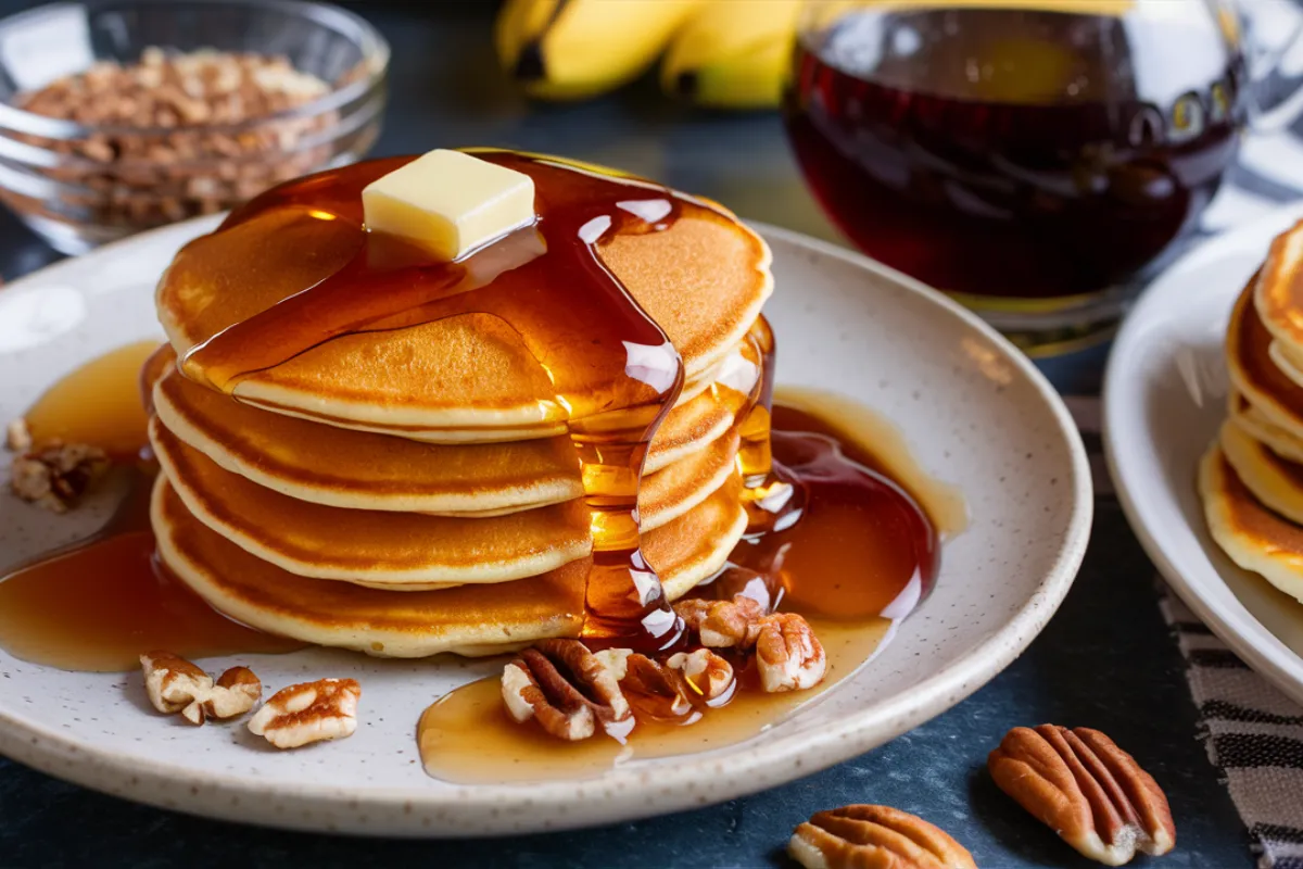 Stack of banana pecan pancakes topped with pecans and banana slices