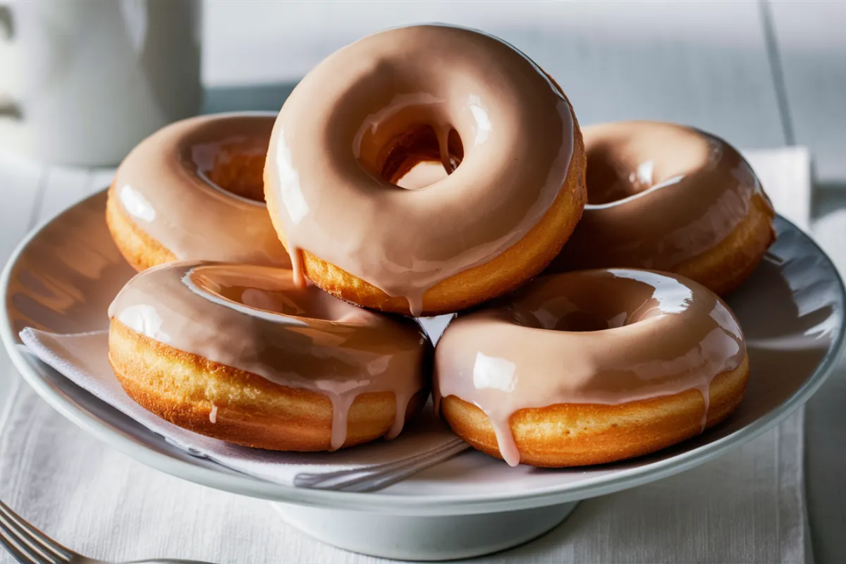 Freshly made Amish glazed donuts with a shiny glaze