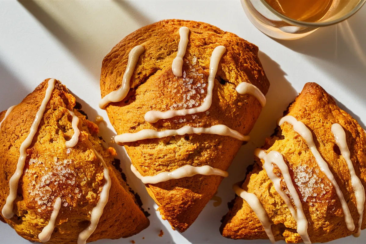 Freshly baked pumpkin scones drizzled with a spiced glaze