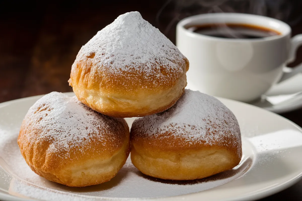 Freshly made beignets dusted with powdered sugar, served with a cup of coffee