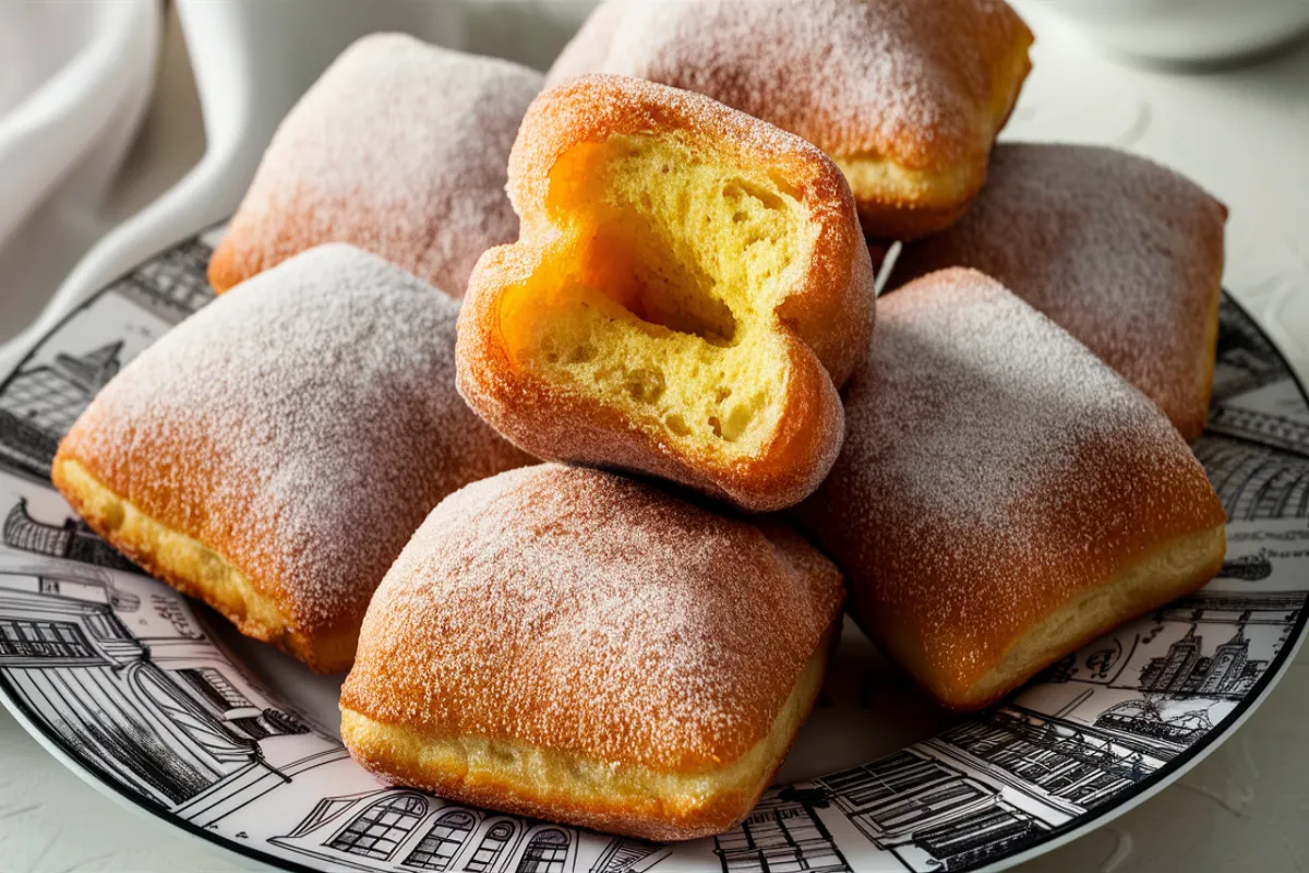 Freshly made beignets dusted with powdered sugar, served with a cup of coffee