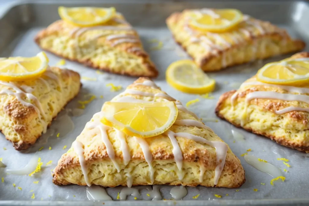 Freshly baked lemon scones with a golden crust, drizzled with lemon glaze