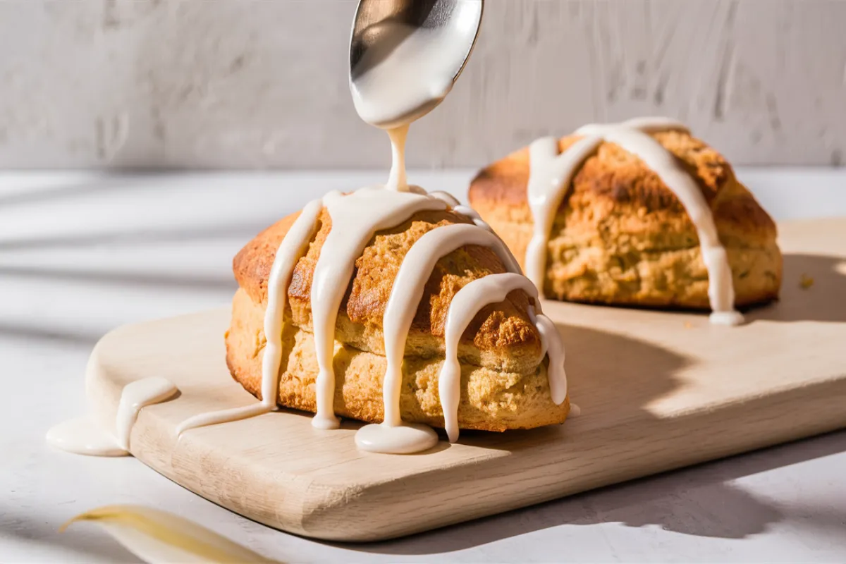 Freshly baked lemon scones with a golden crust, drizzled with lemon glaze