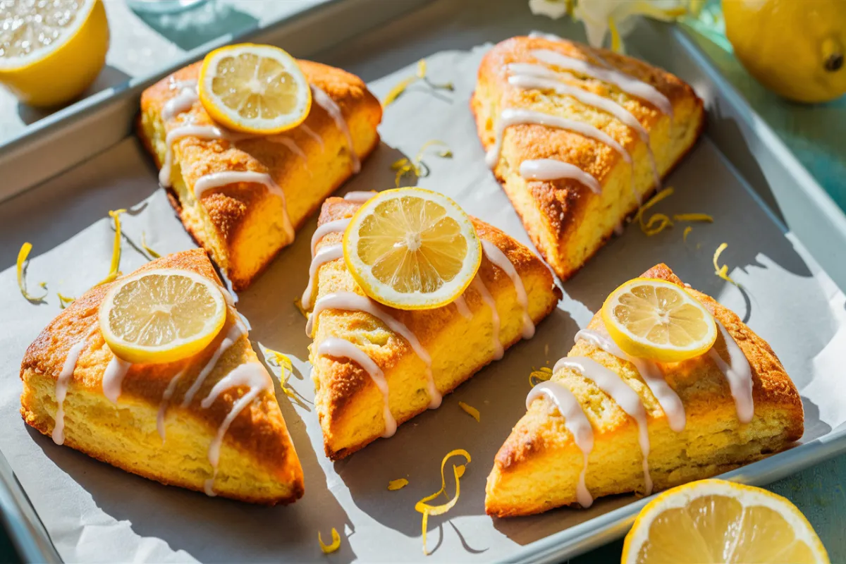 Freshly baked lemon scones with a golden crust, drizzled with lemon glaze
