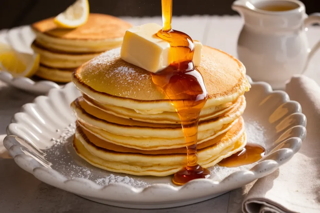 Golden, fluffy lemon ricotta pancakes topped with fresh berries and maple syrup.