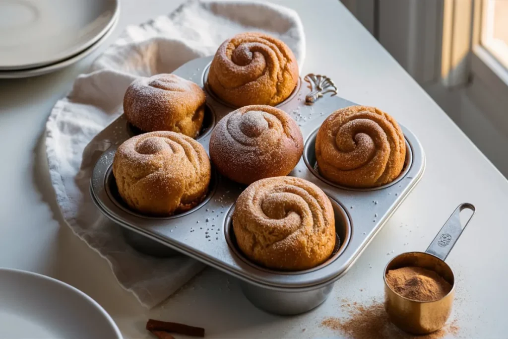 Flaky homemade cruffins with cinnamon sugar coating in muffin tin