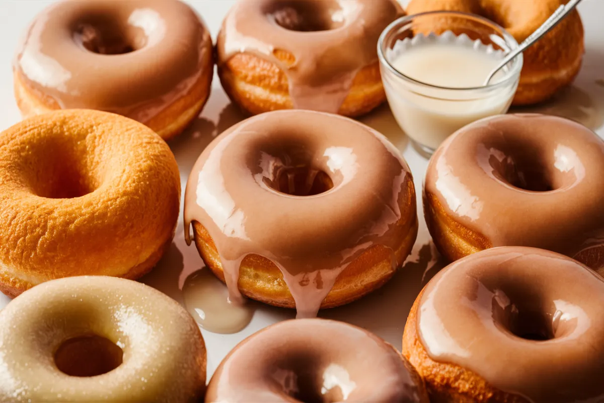 Freshly made Amish glazed donuts with a shiny glaze