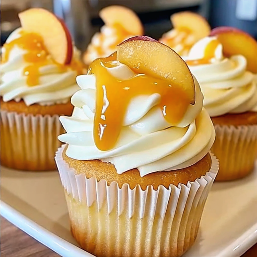 Homemade honey peach cream cheese cupcakes topped with fresh peach slices