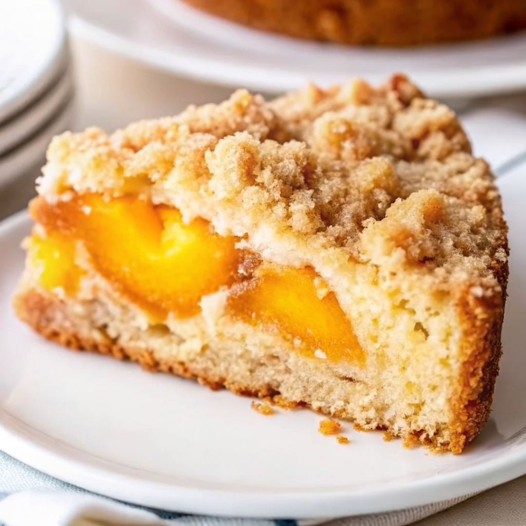 A golden slice of Southern Peach Crumb Cake topped with buttery brown sugar crumble and juicy peach slices