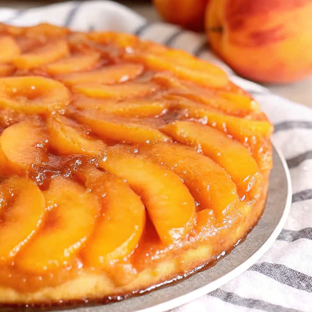 Homemade peach upside down cake with caramelized peach slices arranged in a circular pattern on top of a moist golden cake