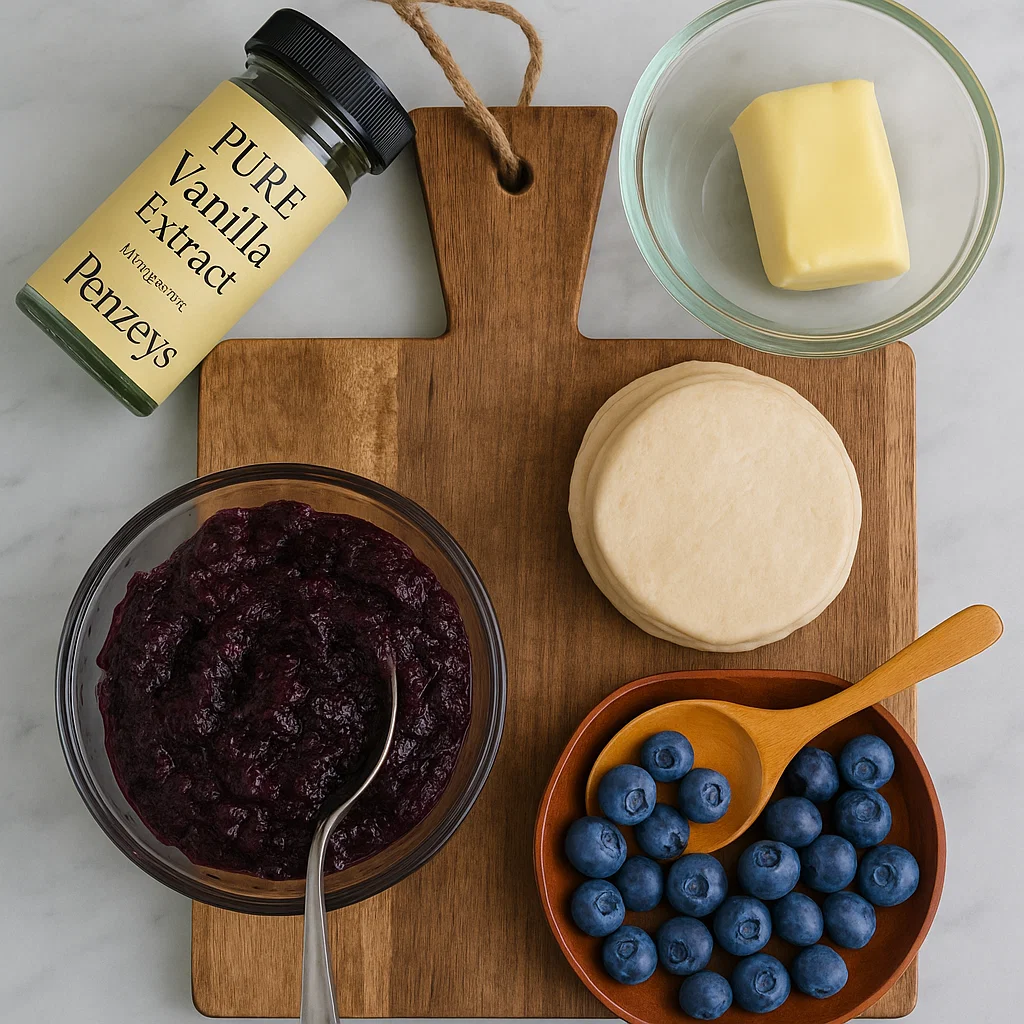 Ingredients laid out on a kitchen counter: canned biscuit dough, blueberry pie filling, melted butter, cinnamon sugar, and powdered sugar with milk for glaze