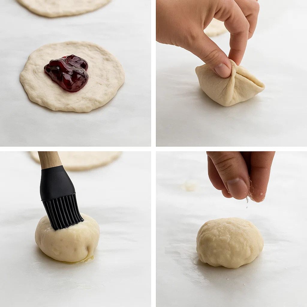 Step-by-step images showing how to make blueberry pie bombs: flattening biscuit dough, adding blueberry filling, sealing the edges, brushing with butter, and baked golden pie bombs cooling on a rack