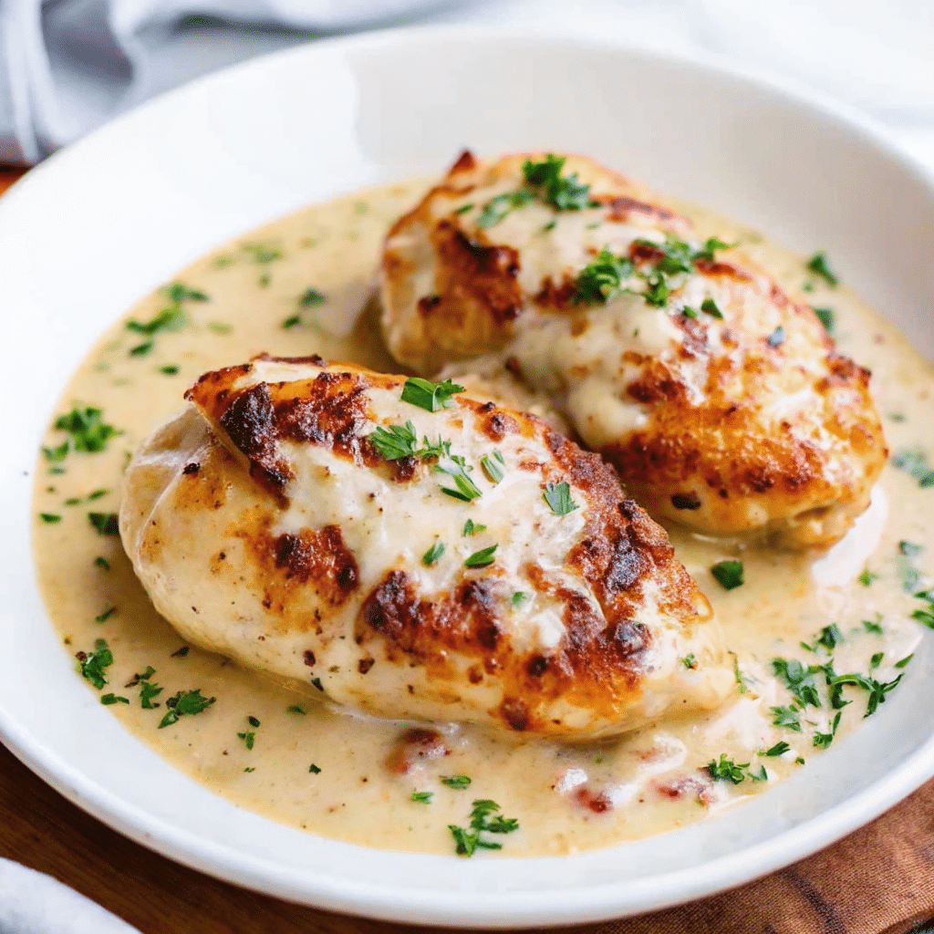 Golden Creamy Garlic Chicken in a rich, creamy garlic sauce garnished with fresh parsley in a cast iron skillet