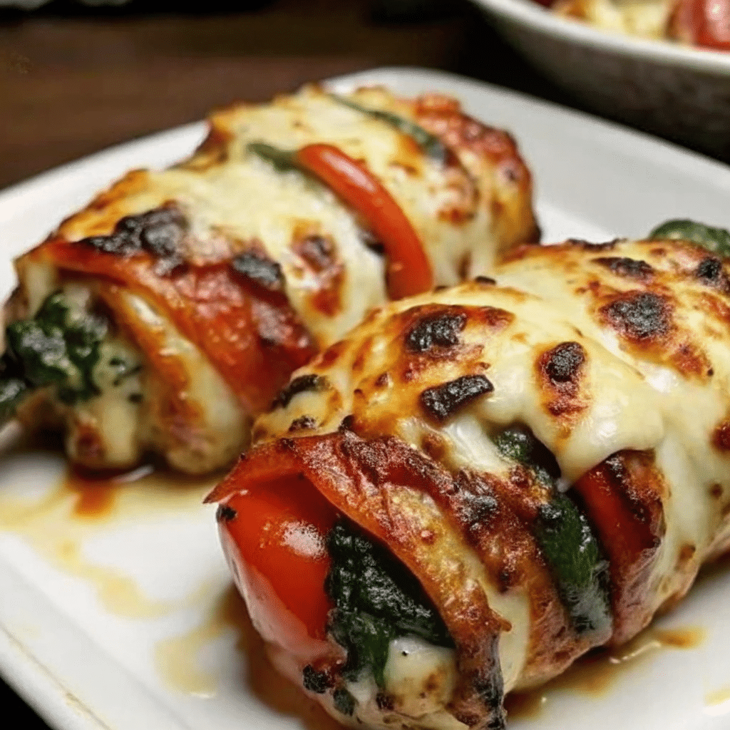 Golden Roasted Red Pepper, Spinach & Mozzarella Stuffed Chicken sliced to show colorful filling