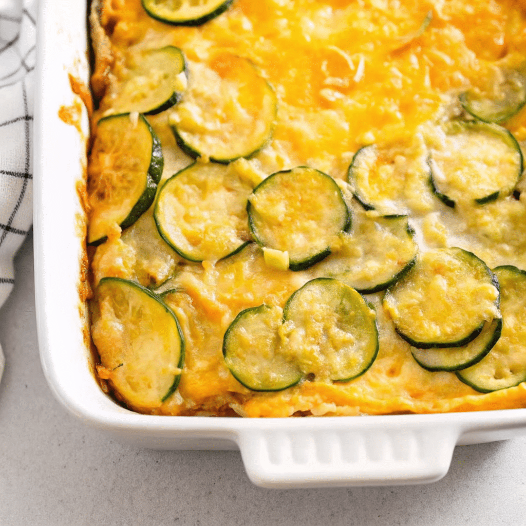 Golden brown keto zucchini casserole in a white baking dish, topped with melted Colby-Jack cheese and showing layers of tender zucchini in a creamy sauce