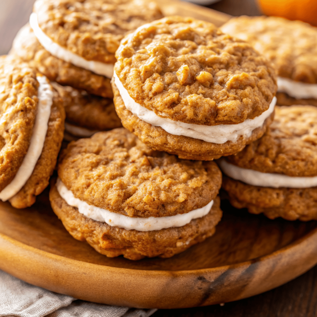 Golden Pumpkin Oatmeal Cream Pies with white cream filling, stacked on a wood board.