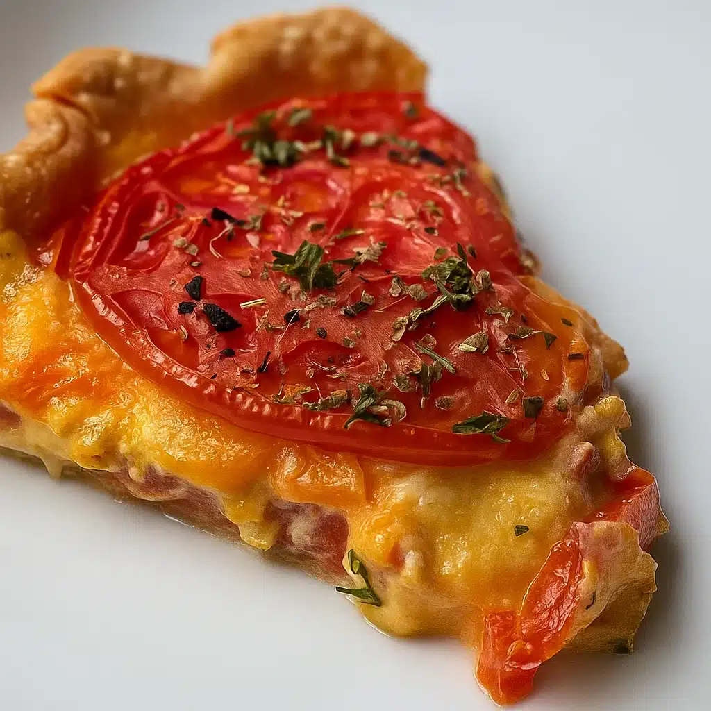 Golden brown pimento cheese tomato pie with layers of fresh tomatoes and melted cheese in a flaky pastry crust