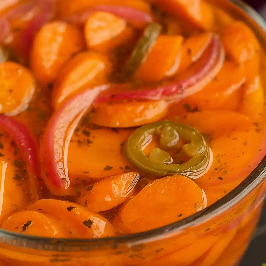 Colorful spicy pickled carrots with red onion and jalapeños in a glass jar, showing the diagonal-cut carrots covered in seasoned brine