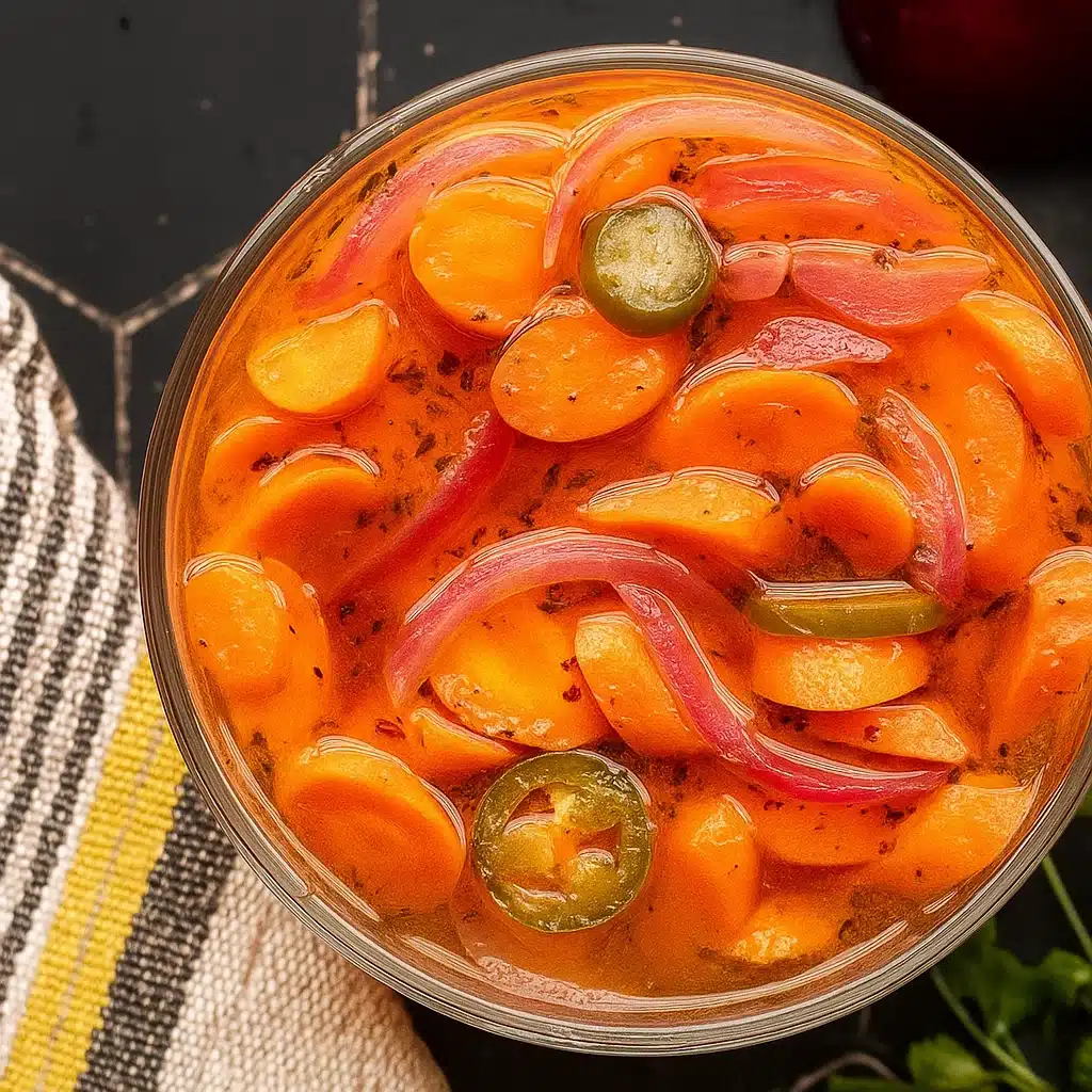 Colorful spicy pickled carrots with red onion and jalapeños in a glass jar, showing the diagonal-cut carrots covered in seasoned brine