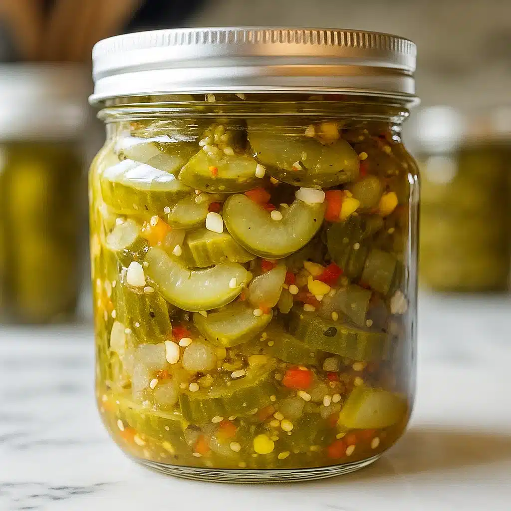 Homemade sweet and spicy pickle relish in glass jars with fresh vegetables and spices on wooden cutting board