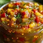 Homemade sweet and spicy pickle relish in glass jars with fresh vegetables and spices on wooden cutting board
