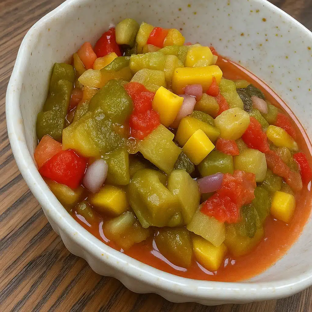 Homemade sweet and spicy pickle relish in glass jars with fresh vegetables and spices on wooden cutting board