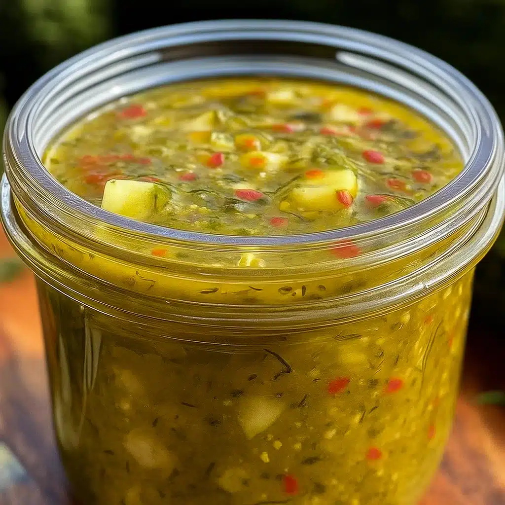 Bright green dill pickle hot sauce in a glass jar with fresh jalapeños and dill pickles scattered around