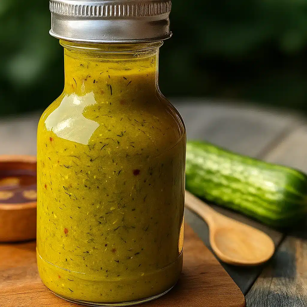 Bright green dill pickle hot sauce in a glass jar with fresh jalapeños and dill pickles scattered around