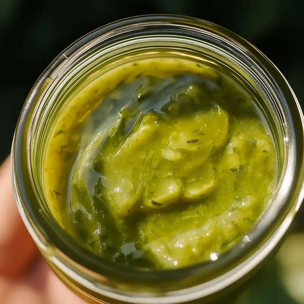 Bright green dill pickle hot sauce in a glass jar with fresh jalapeños and dill pickles scattered around