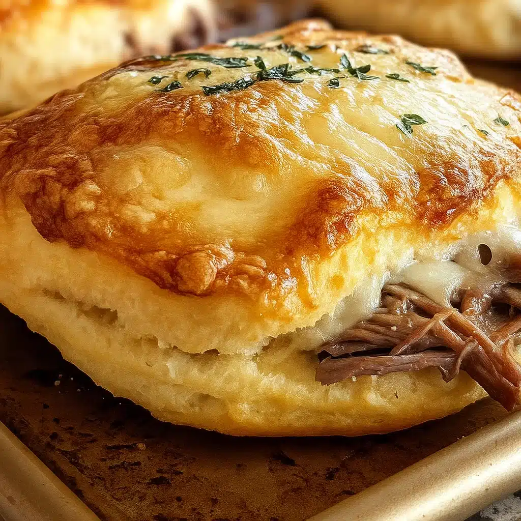 Baked French dip biscuits being dipped in rich au jus sauce