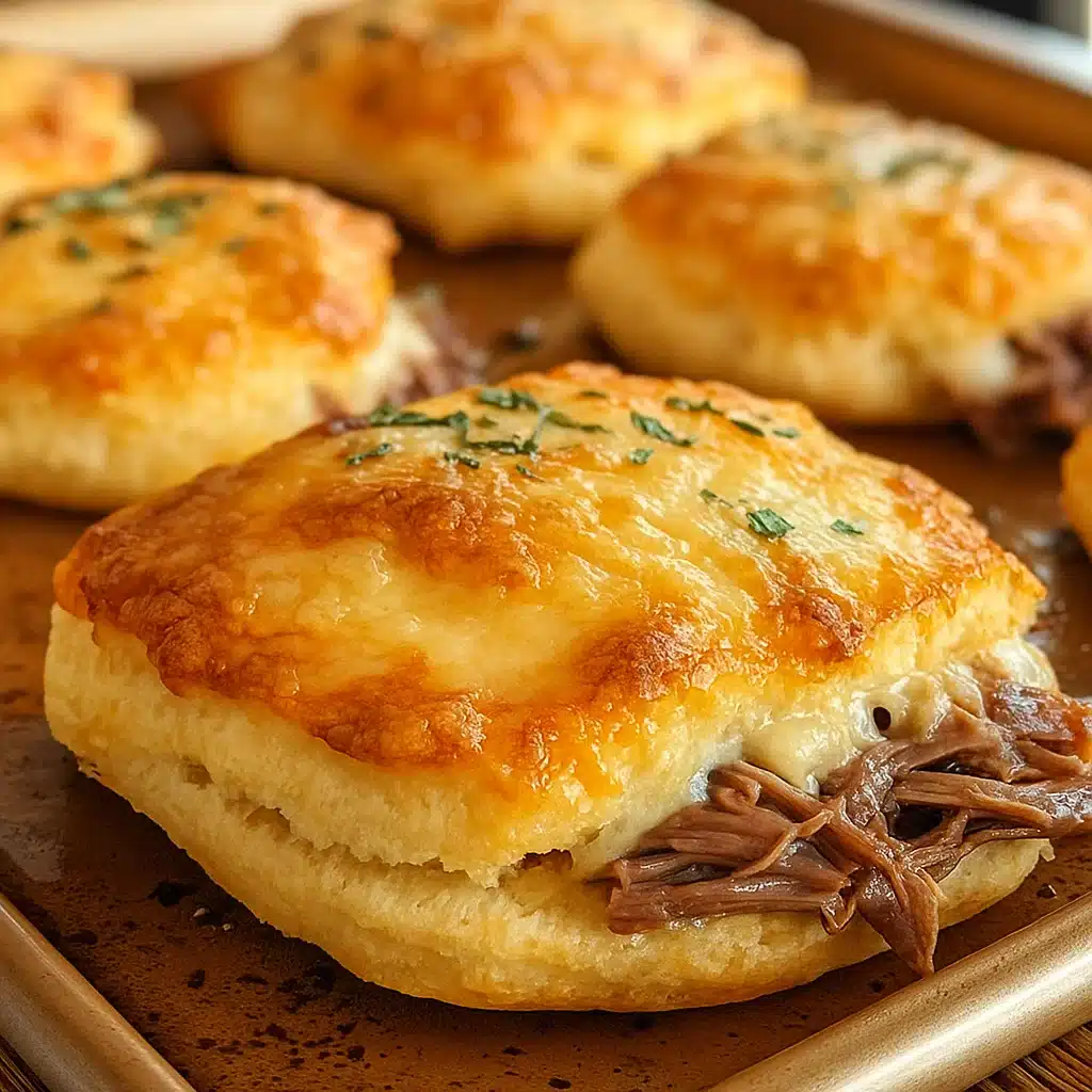 Baked French dip biscuits being dipped in rich au jus sauce