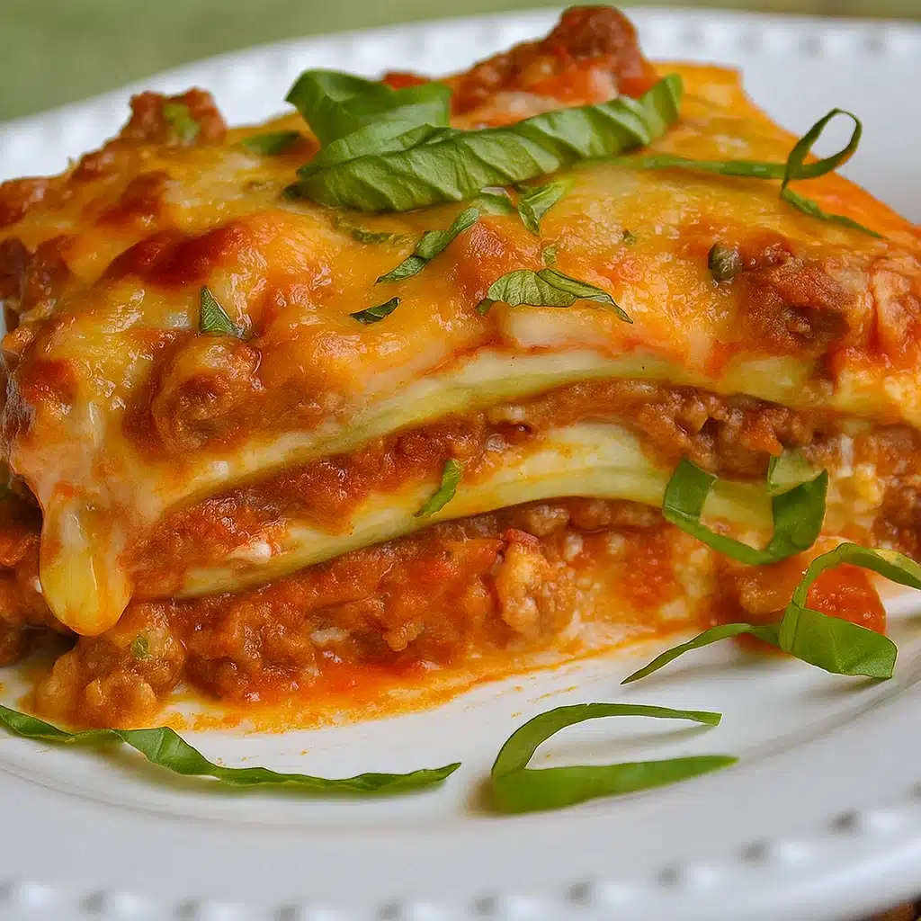 A slice of golden-brown zucchini lasagna on a white plate, showing layers of tender zucchini, creamy ricotta, melted mozzarella, and rich marinara sauce