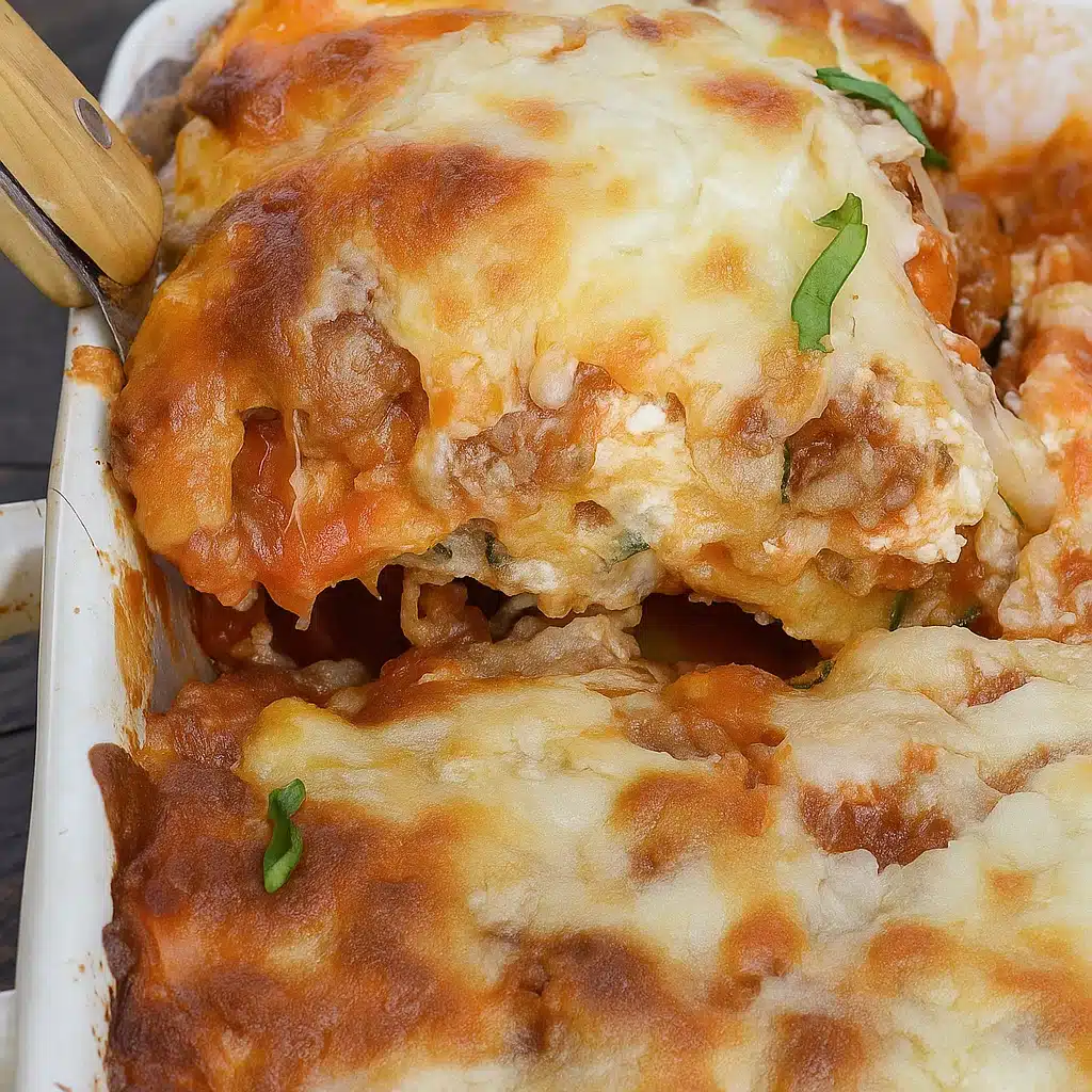 A slice of golden-brown zucchini lasagna on a white plate, showing layers of tender zucchini, creamy ricotta, melted mozzarella, and rich marinara sauce