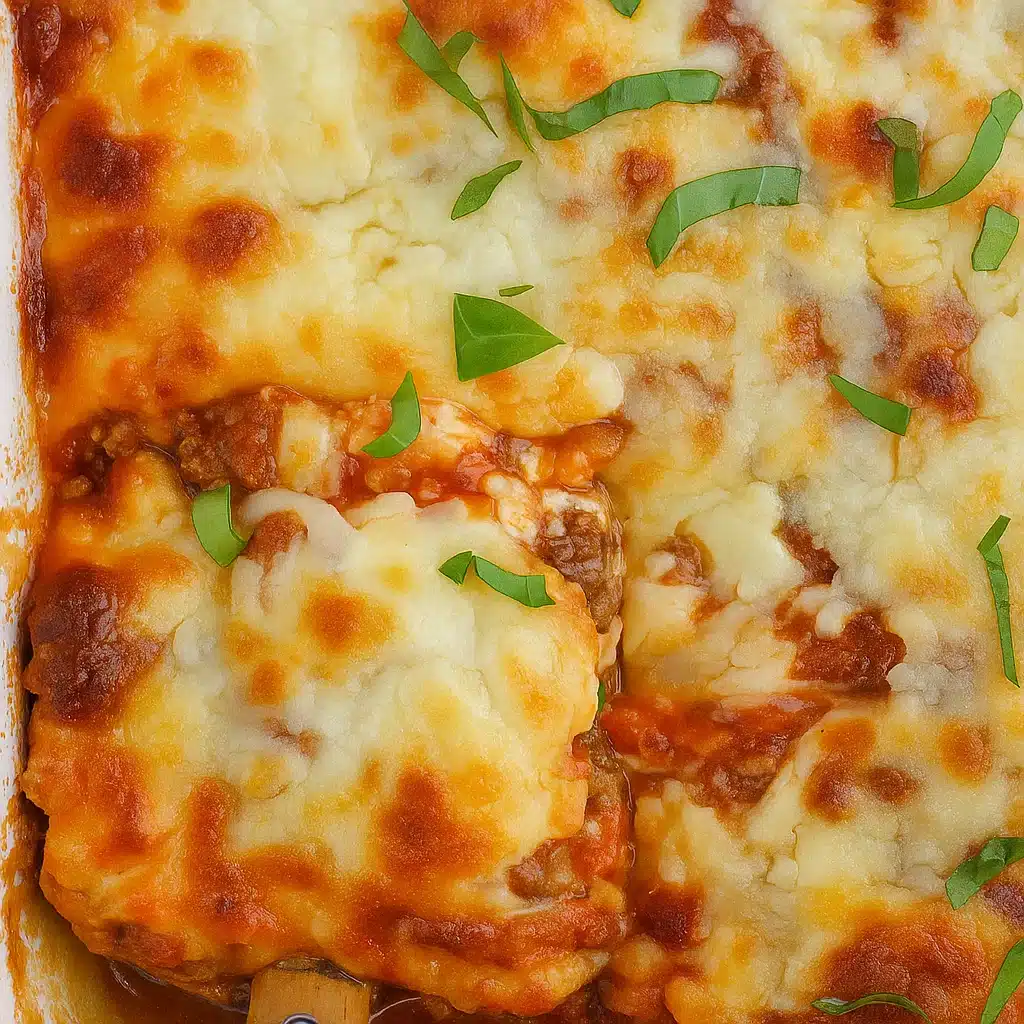 A slice of golden-brown zucchini lasagna on a white plate, showing layers of tender zucchini, creamy ricotta, melted mozzarella, and rich marinara sauce