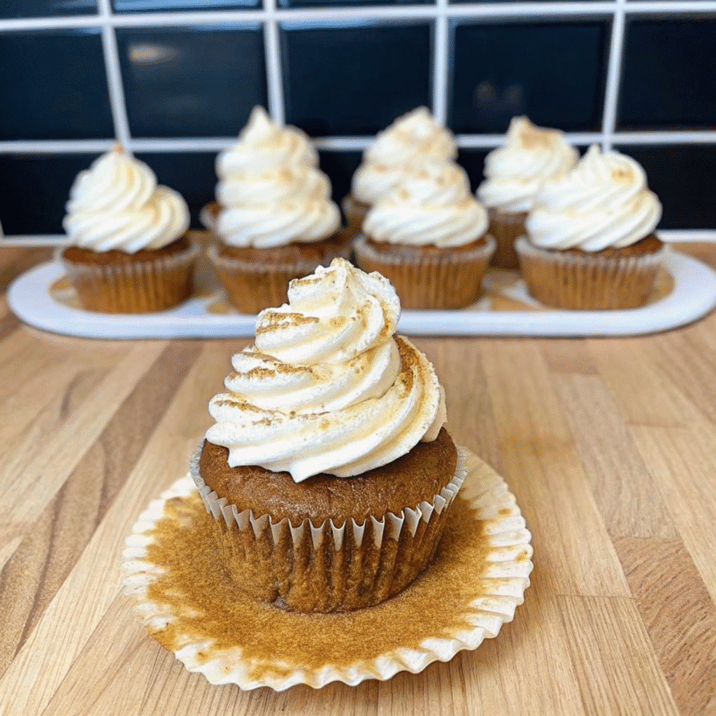 Golden pumpkin spice Caramel cupcakes topped with swirled cream cheese frosting, drizzled with caramel sauce and sprinkled with flaky sea salt