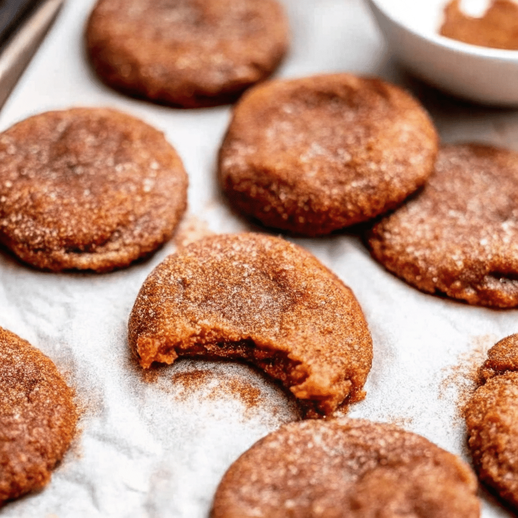 Stack of golden-brown chewy vegan pumpkin spice cookies with cinnamon-sugar coating on a rustic wooden board, surrounded by autumn leaves and pumpkin spices