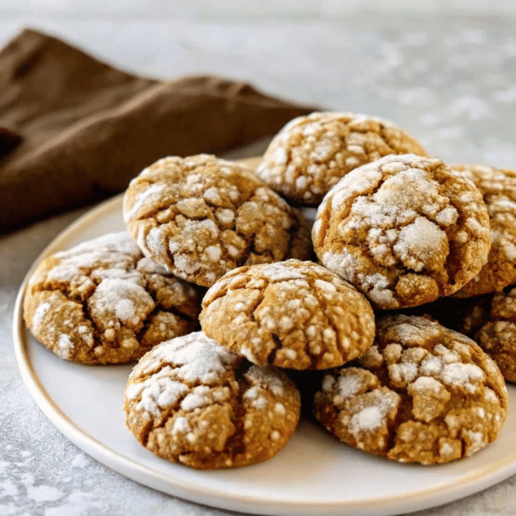 Soft, golden-brown pumpkin crinkle cookies with dramatic white powdered sugar cracks, arranged on a cooling rack with warm autumn lighting