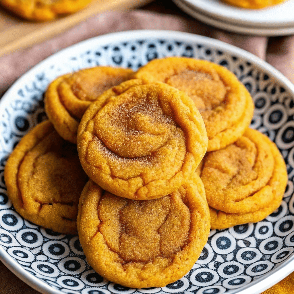 Stack of golden-brown pumpkin spice cookies with cinnamon sugar coating on rustic wooden board, surrounded by autumn leaves and whole spices