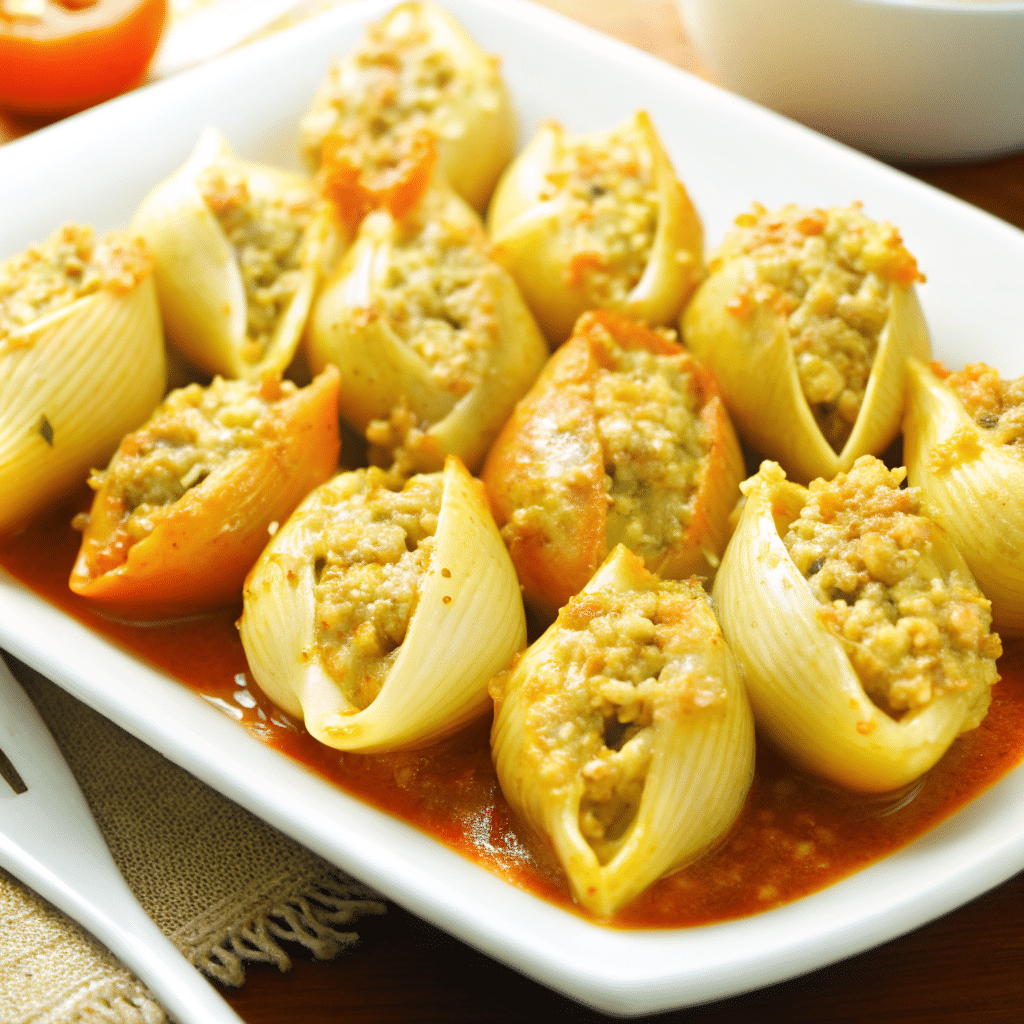 Baked pumpkin ricotta stuffed shells with melted cheese on top in a baking dish