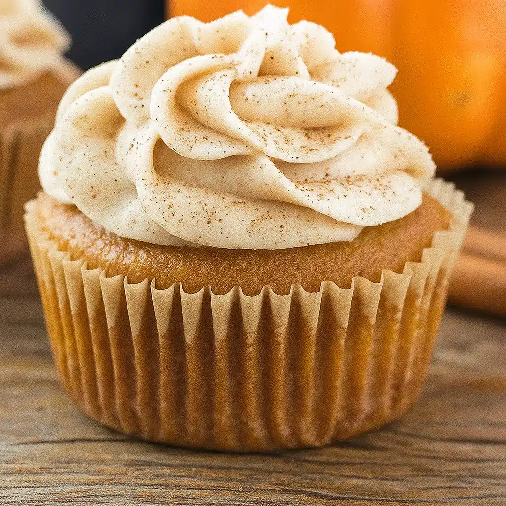 Pumpkin cupcakes topped with cinnamon cream cheese frosting, arranged on a cooling rack with fall-themed decor.