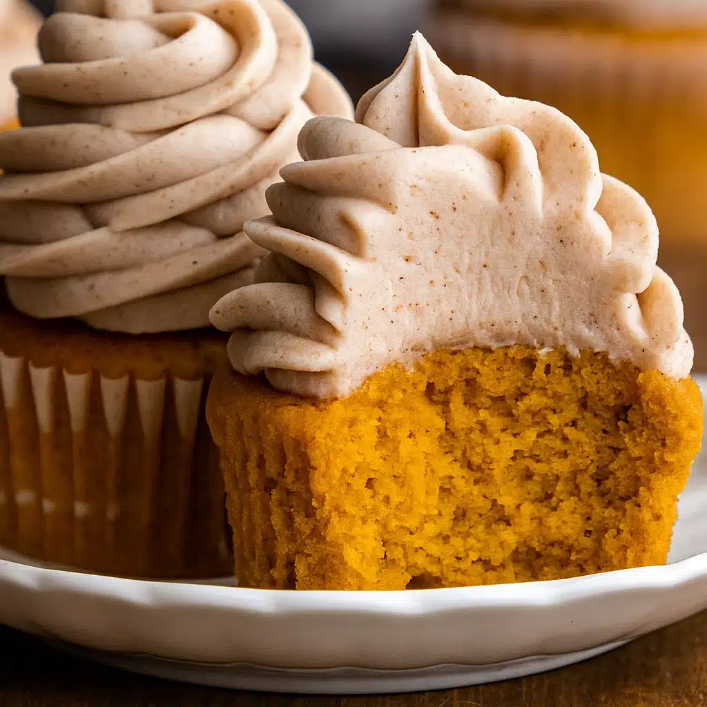 Moist pumpkin spice cupcakes with cream cheese frosting center, topped with perfectly piped cream cheese frosting swirls. The ultimate fall dessert that combines warm spices with creamy indulgence.