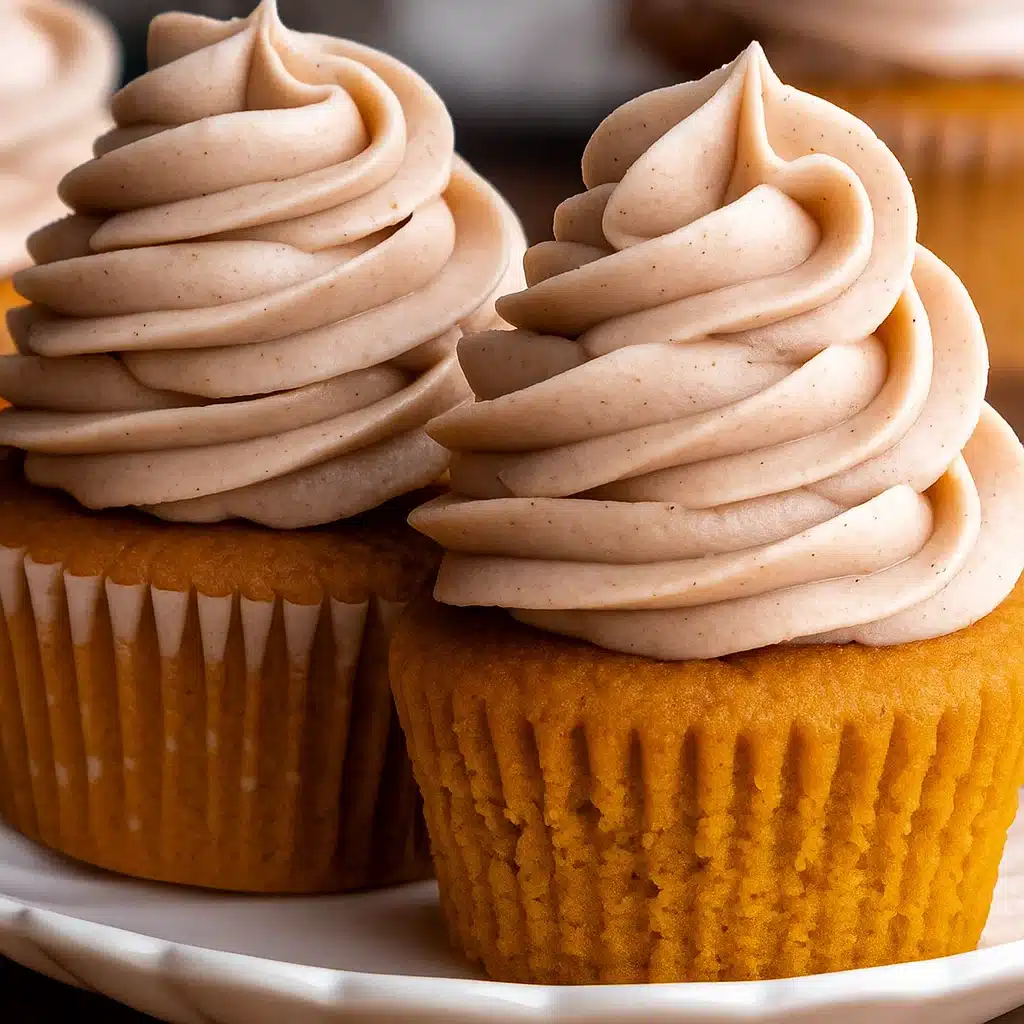 Moist pumpkin spice cupcakes with cream cheese frosting center, topped with perfectly piped cream cheese frosting swirls. The ultimate fall dessert that combines warm spices with creamy indulgence."