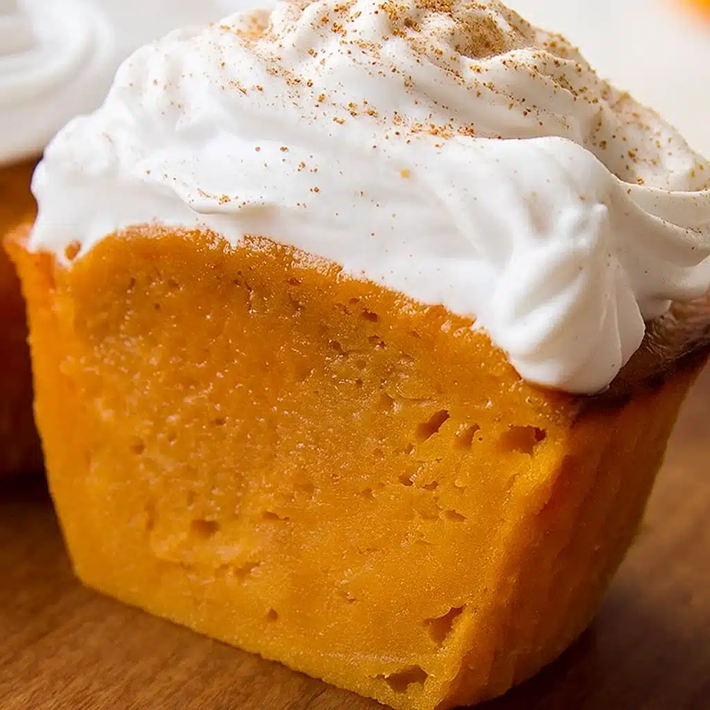 brown impossible pumpkin pie cupcakes with white whipped cream dollops and cinnamon dust, sitting on a wooden cutting board with autumn leaves scattered around.