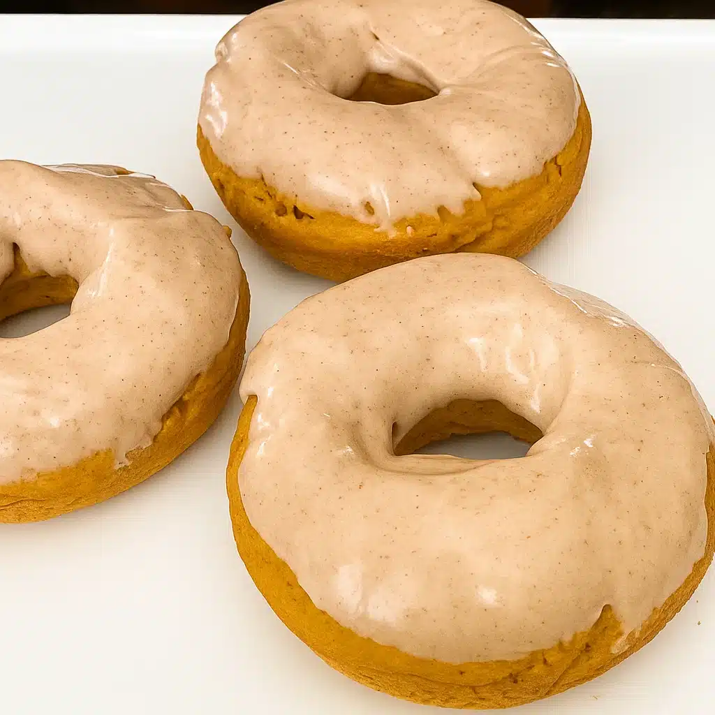 Golden brown pumpkin donuts with maple glaze dripping down the sides, arranged on a white plate with fall leaves in the background