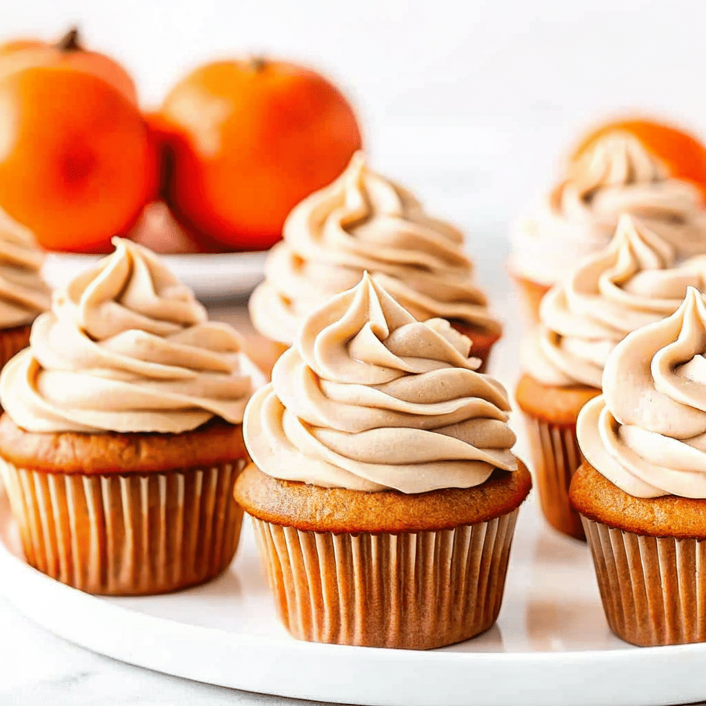 Perfectly frosted pumpkin spice cupcakes with cream cheese frosting, dusted with pumpkin pie spice, arranged on a rustic wooden board with fall leaves